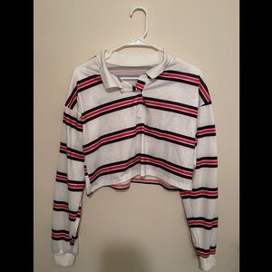 Cropped collared white blue and red long sleeved top